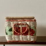 Vintage sewing basket in rattan and floral fabric