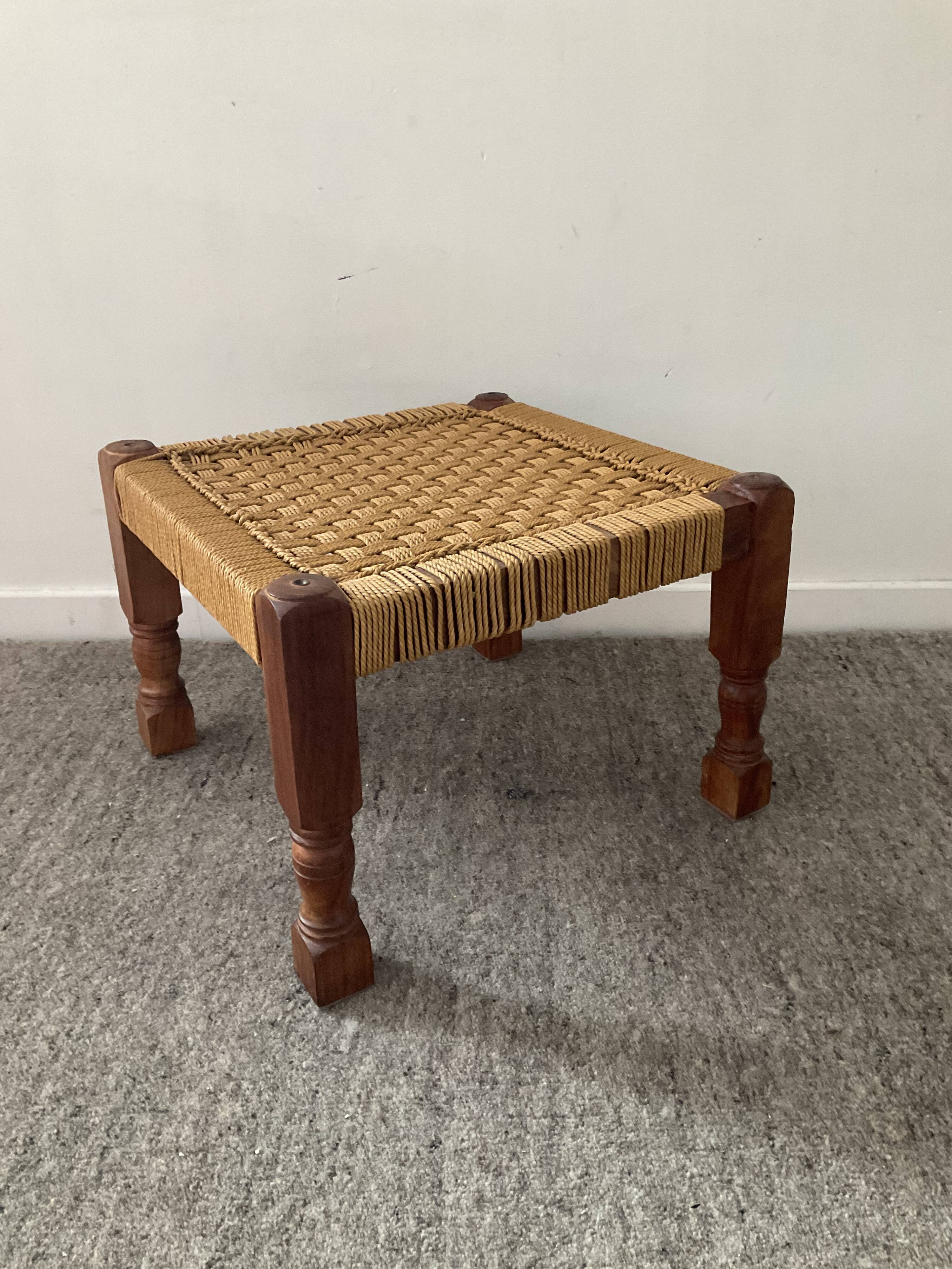 Scandinavian ottoman footrest in wood and rope 70s