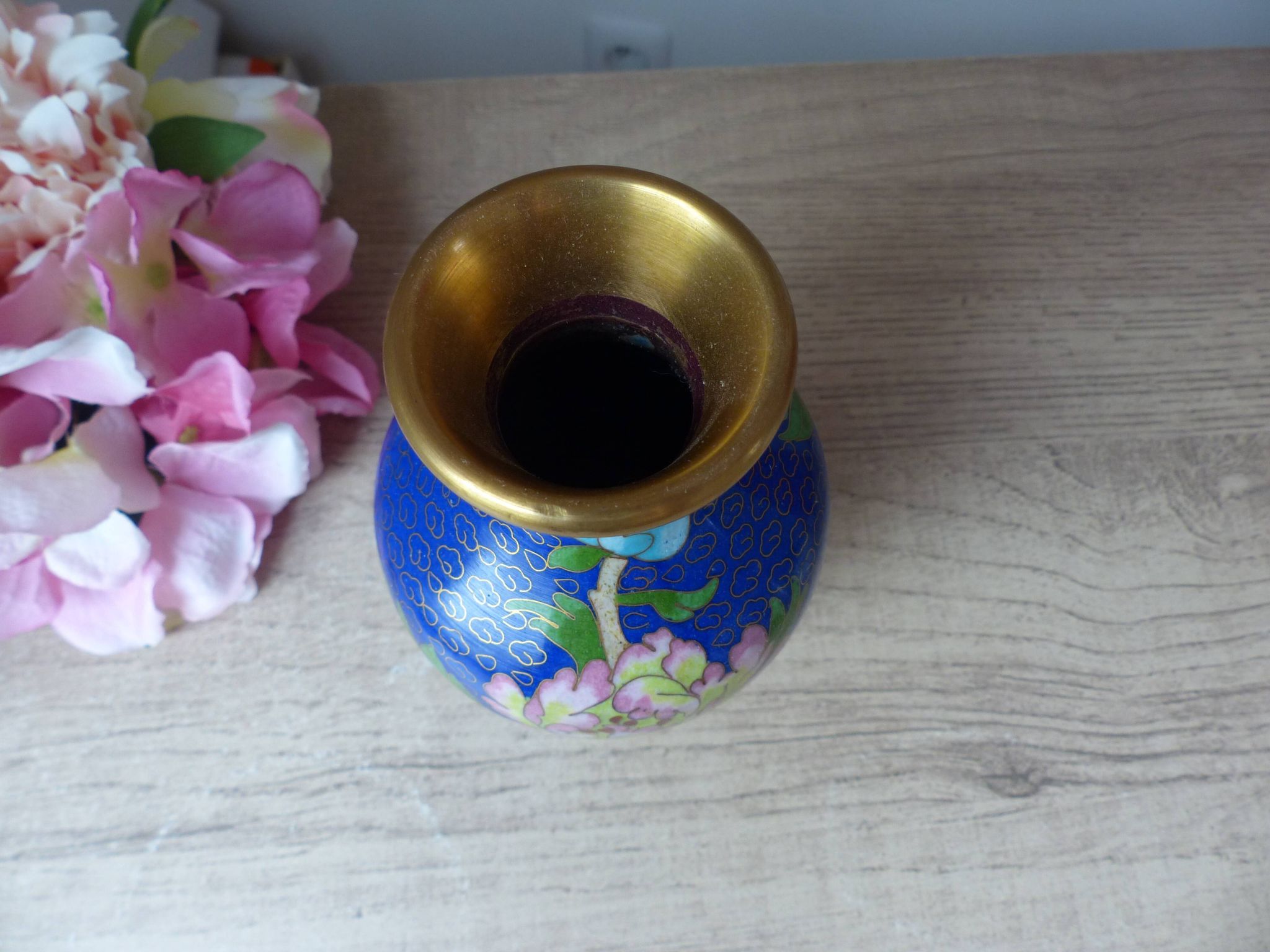 Old small blue cloisonné brass vase with pink peony flower motif