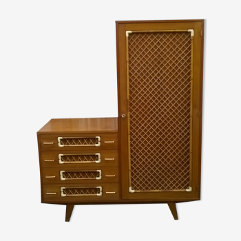 Asymmetrical chest of drawer wardrobe in rattan oak year 60