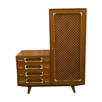Armoire commode asymétrique en chêne rotin année 60