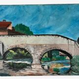 Tableau huile sur toile paysage pont et rivière ancien