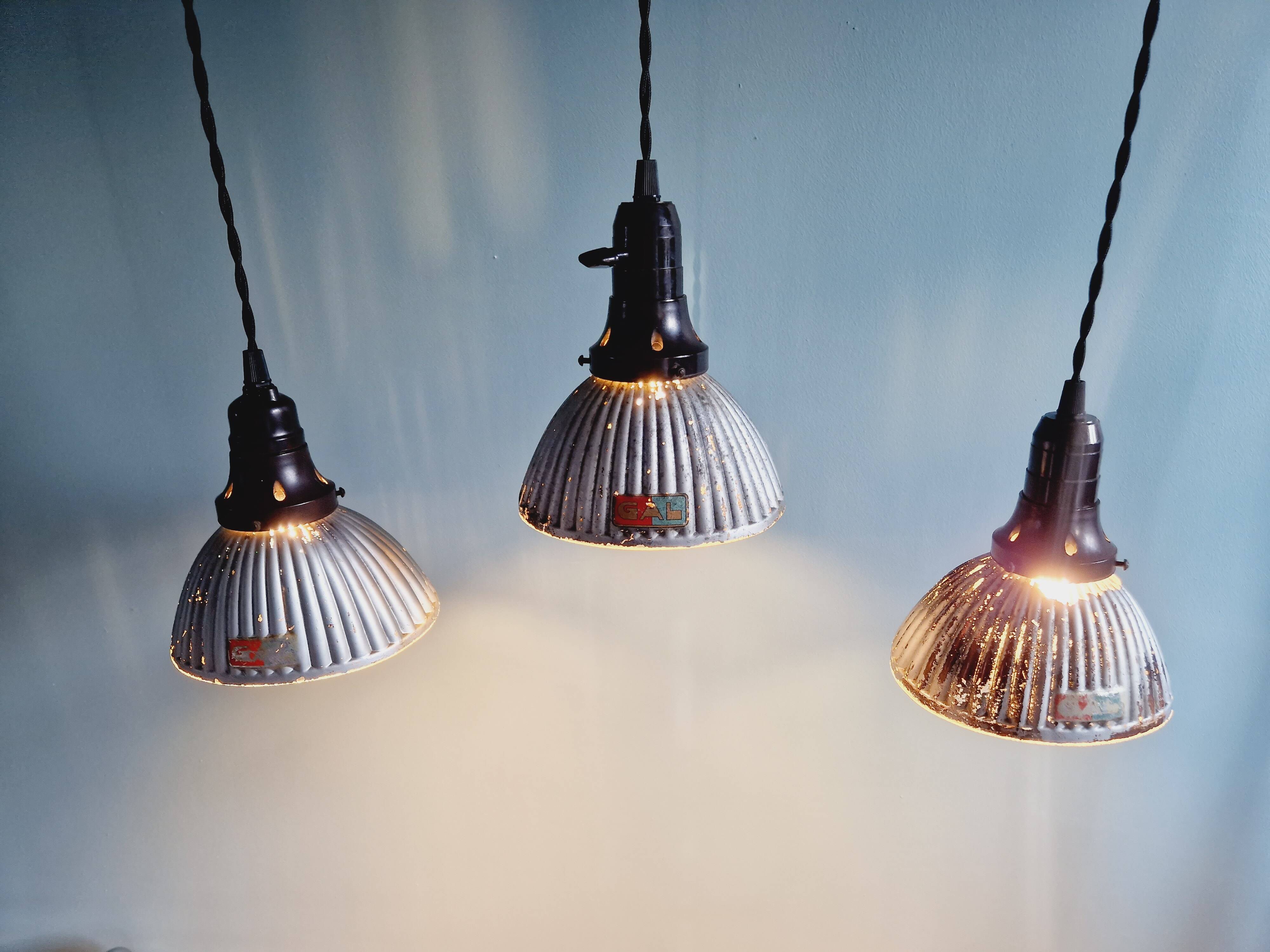 Set of 3 industrial mercury glass pendant lights, GAL (France), 1930s