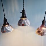 Set of 3 industrial mercury glass pendant lights, GAL (France), 1930s