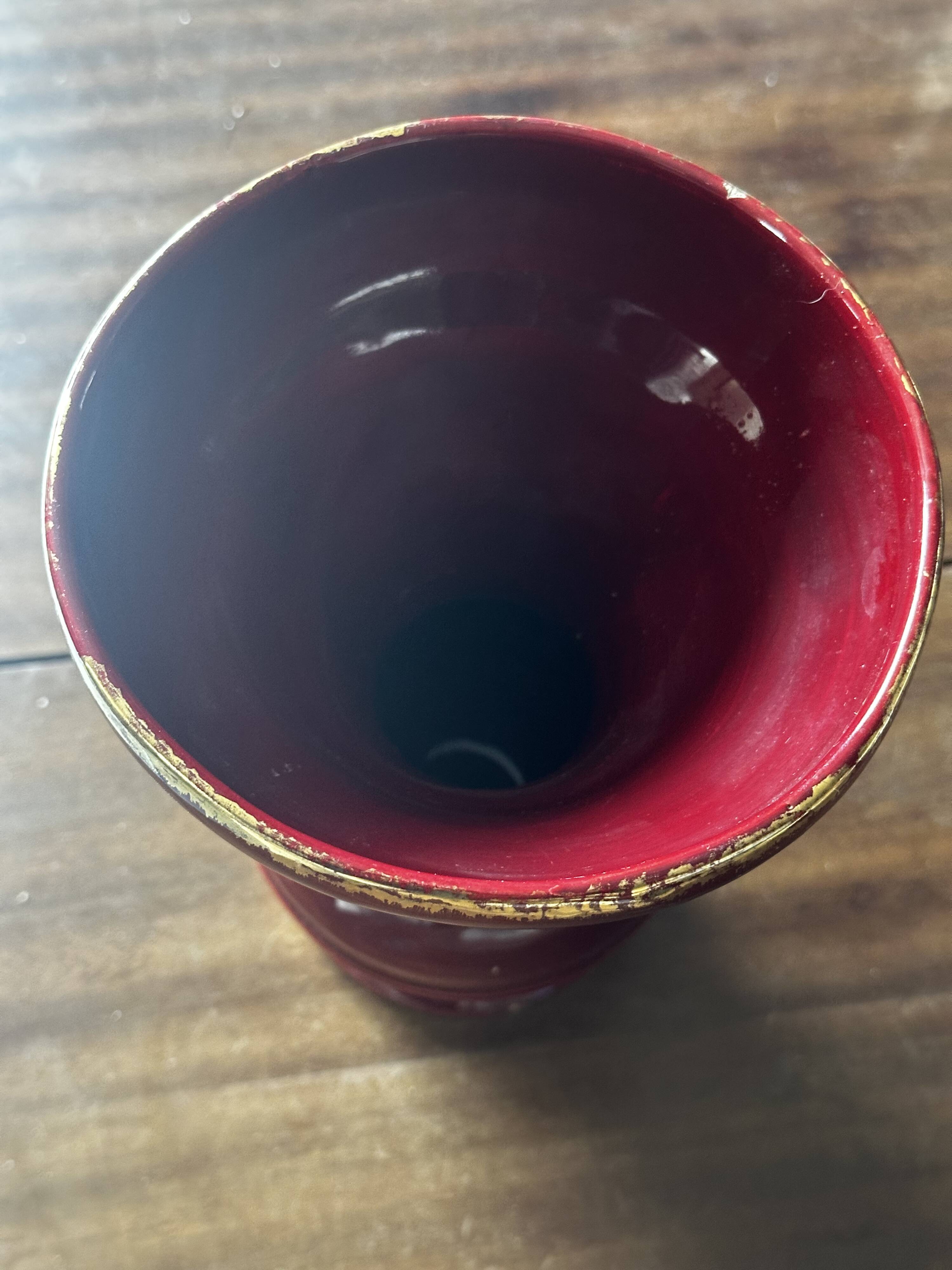 Ringed ceramic vase from Louviers, red and gold, 1950s