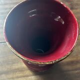 Ringed ceramic vase from Louviers, red and gold, 1950s