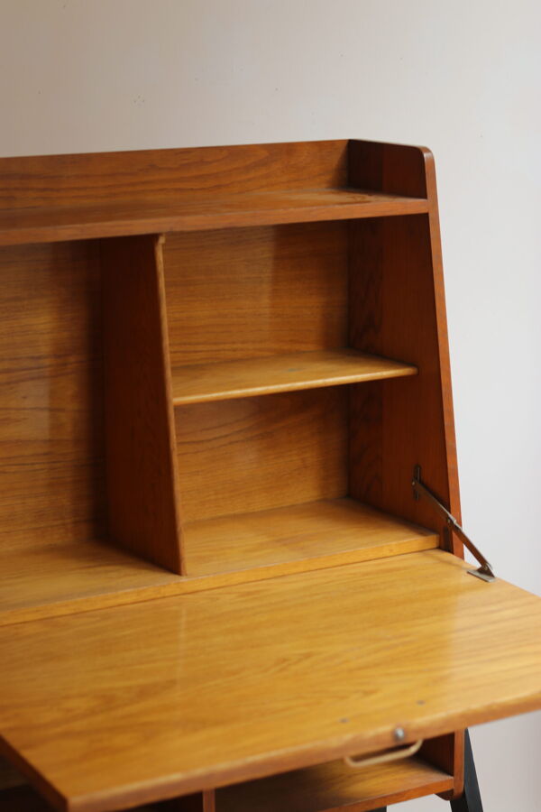 Secrétaire vintage années 60 en placage de chêne avec abattant