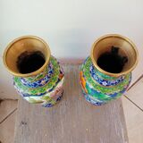 Pair of Asian vases floral motifs and partitioned bronze birds