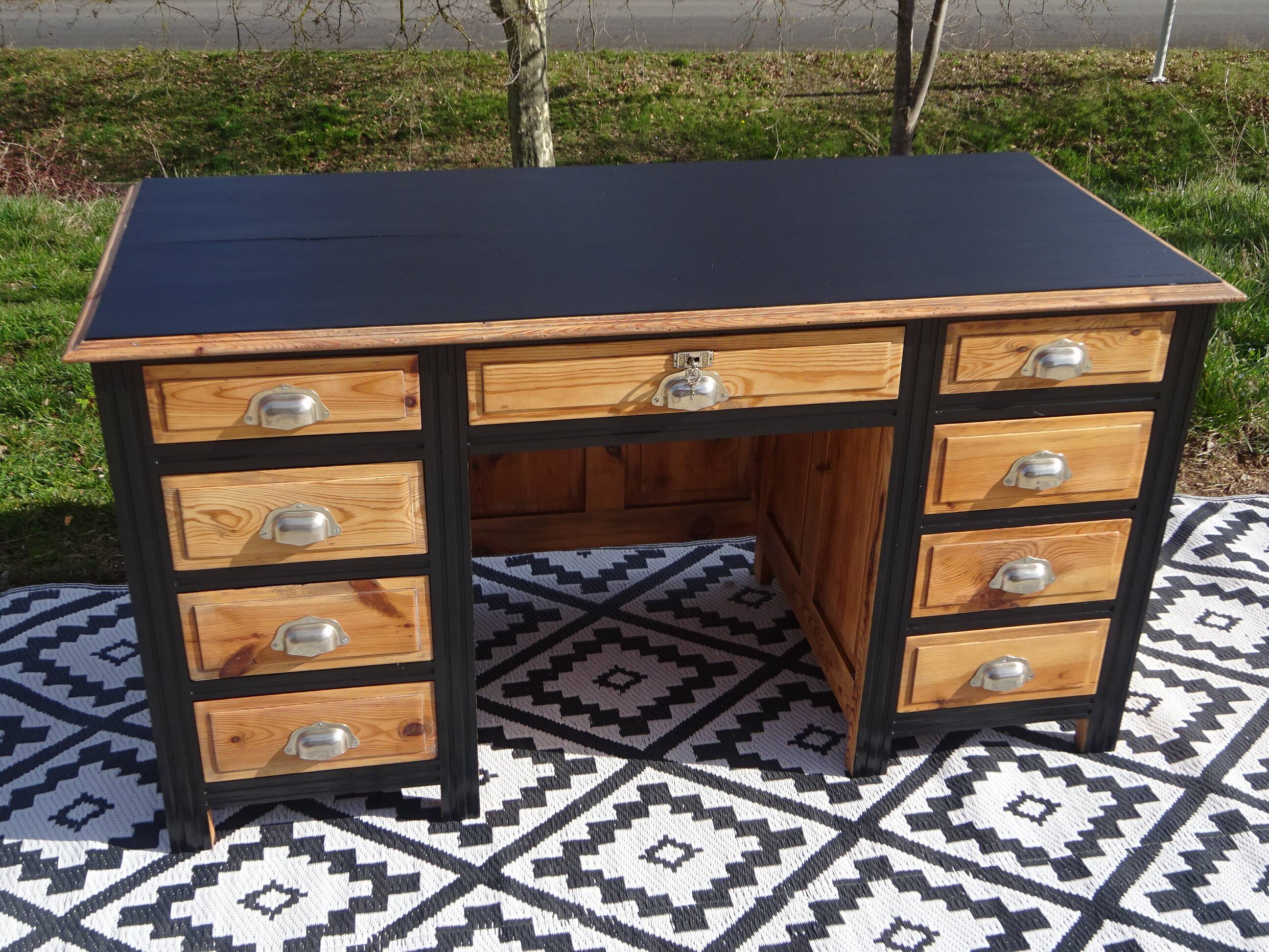 Restored antique pine desk, 9 drawers
