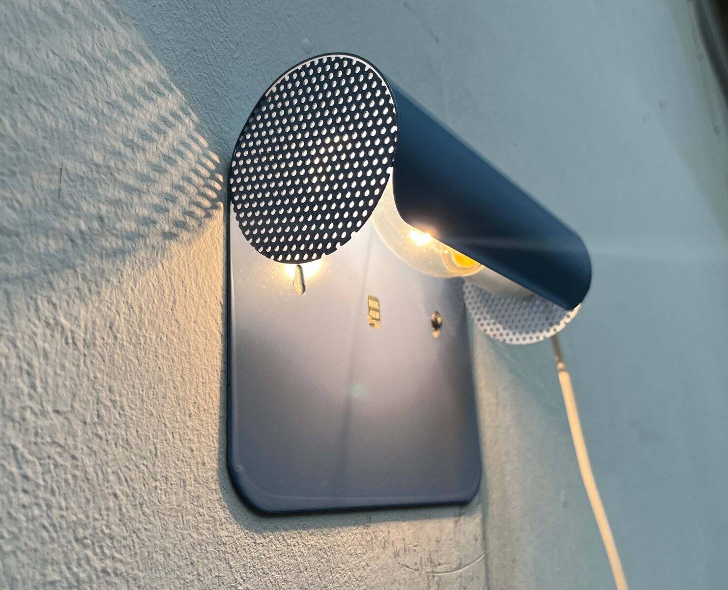 Light blue perforated metal suspension by Abo Randers, Danish postmodern, 1980s.