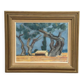 Huile sur panneau d'origine suédoise – « Hutte entre les arbres » par Martin Larsson – Vintage et encadrée – 48 × 40 cm (18,9" × 15,7")