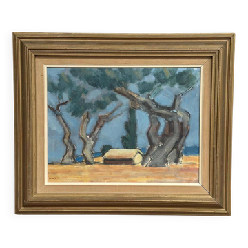 Original Swedish Oil On Panel – “Hut Between Trees” By Martin Larsson – Vintage & Framed – 48 × 40 Cm (18.9" × 15.7")