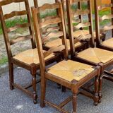 6 solid wood chairs, glossy dark oak and straw