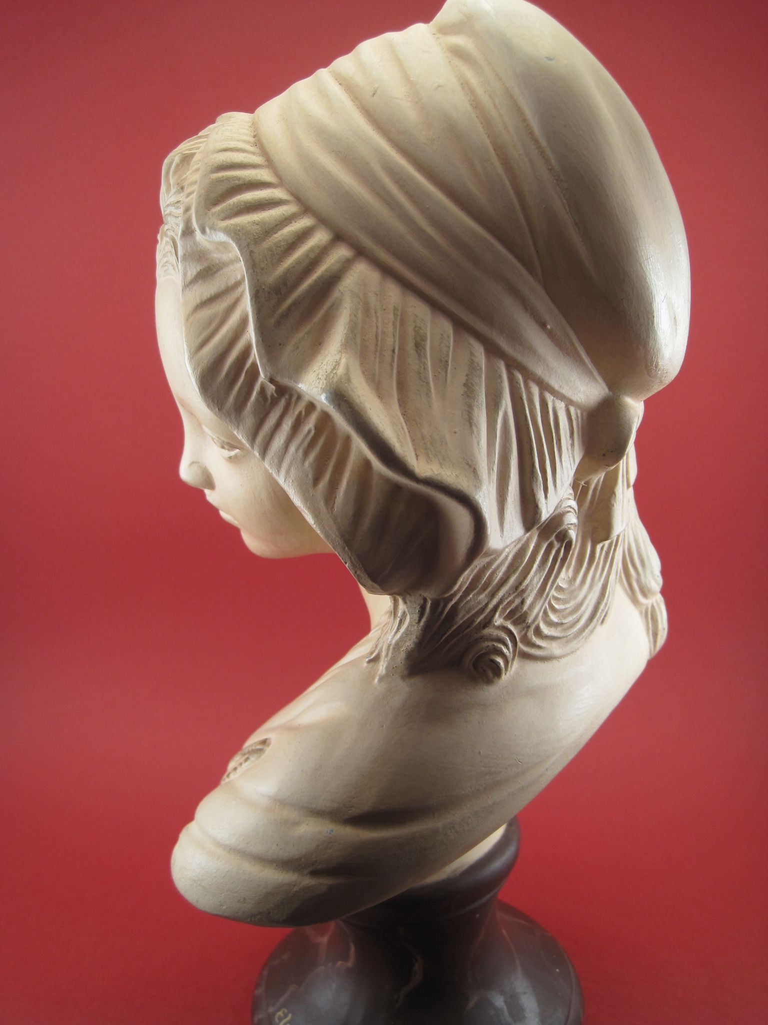 Bust of a young girl in terracotta painted and signed, period early xx th