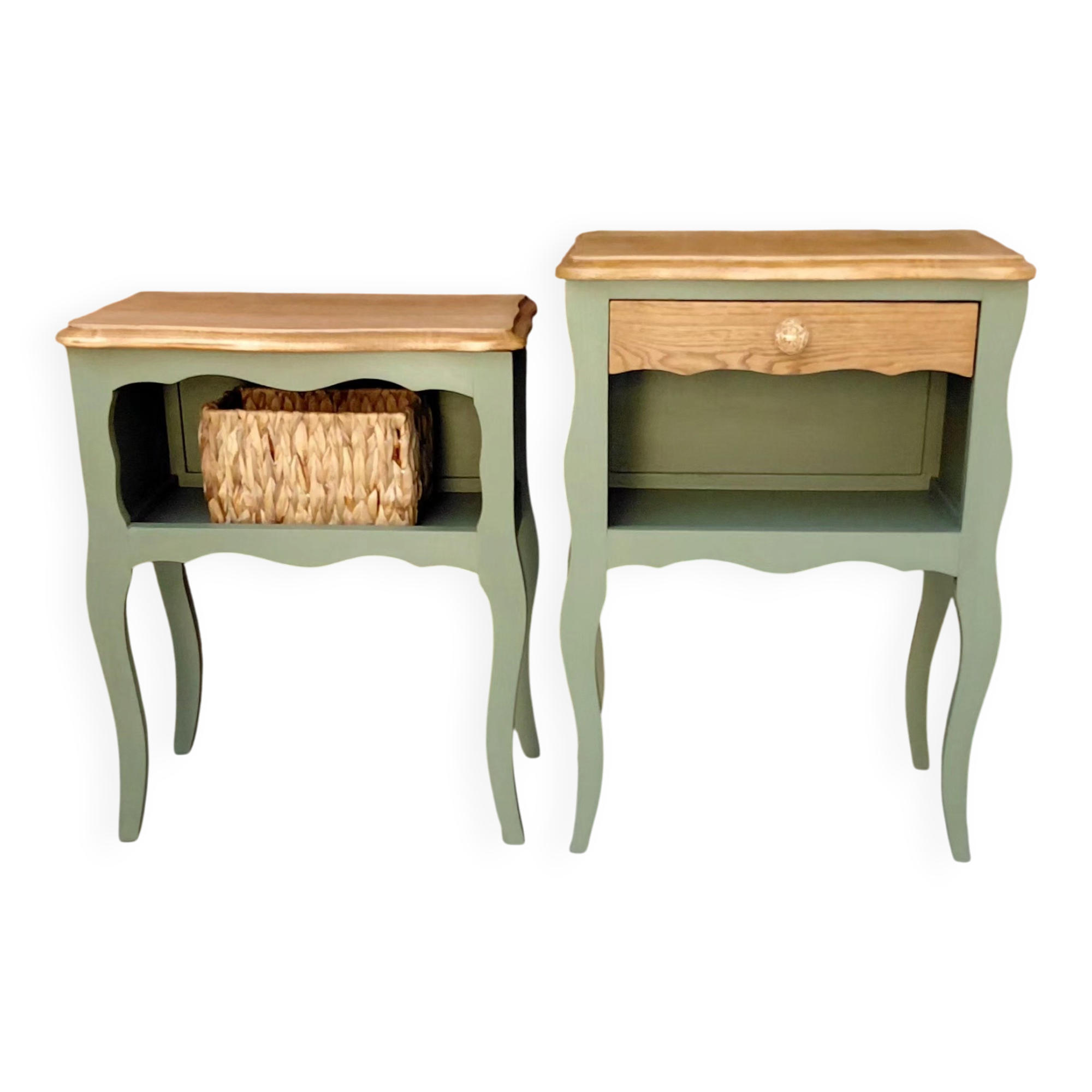 Upcycled Louis XV bedside tables – Sage green, wood and wicker