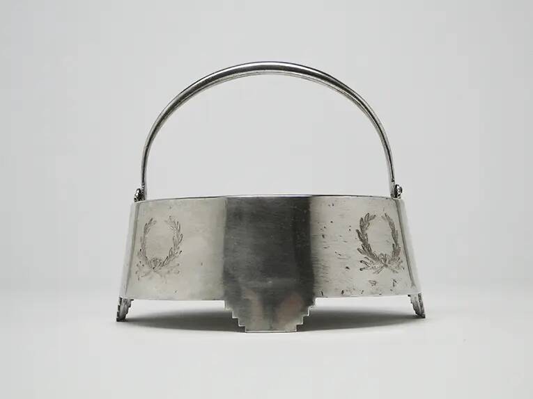 Neoclassical basket sugar bowl, silver-plated brass, Fraget, Poland, early 20th century