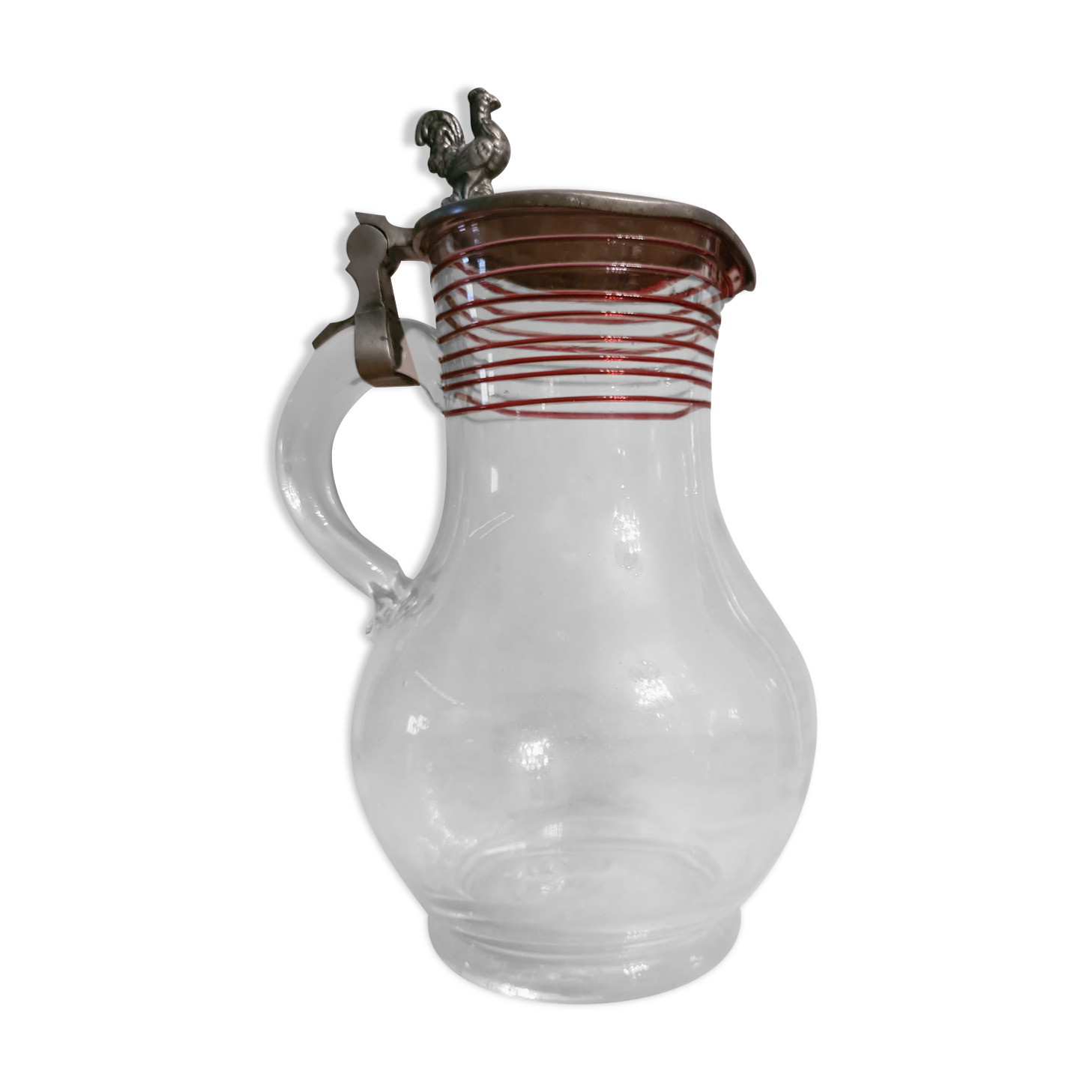 Blowing glass decanter with tin lid decorated with a rooster