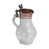 Blowing glass decanter with tin lid decorated with a rooster