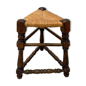 Tabouret tripode paille et bois