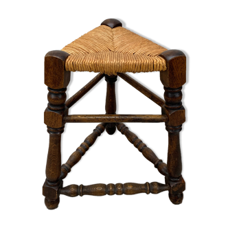 Tabouret tripode paille et bois tourné