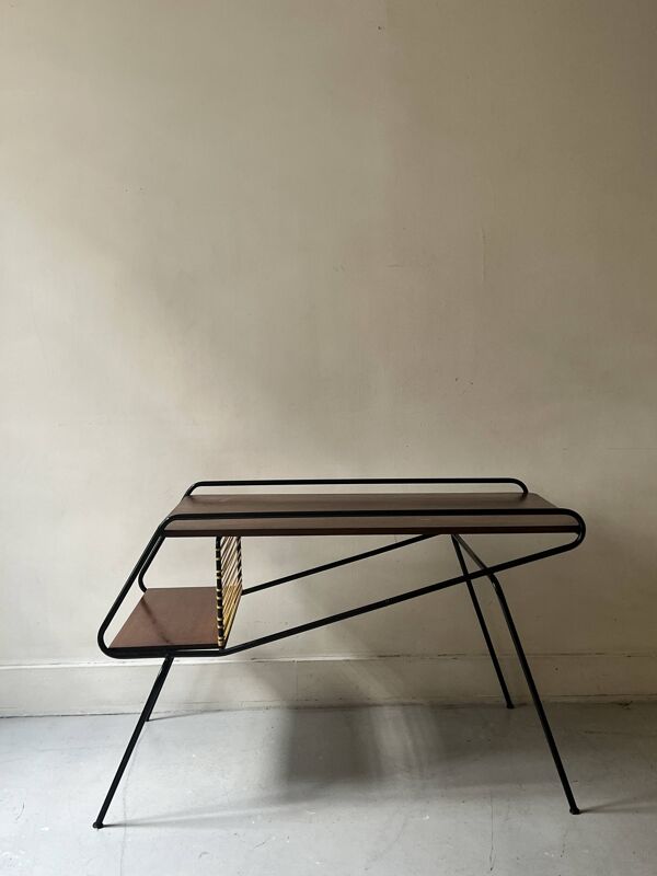Table TV /Hifi moderniste en bois & métal Dlg J. Hitier, design FR 1950