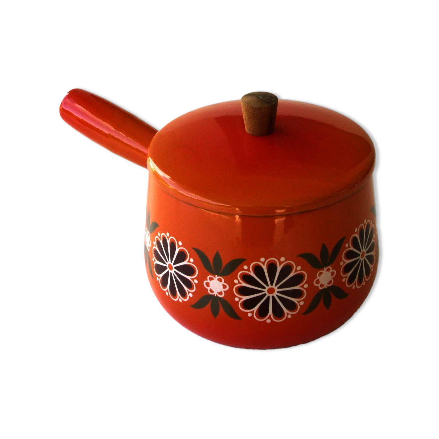Caquelon poêlon fondue bourguignonne en tôle émaillée aubecq vintage orange