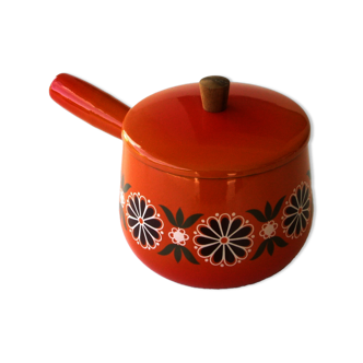 Caquelon poêlon fondue bourguignonne in enamelled sheet metal aubecq vintage orange