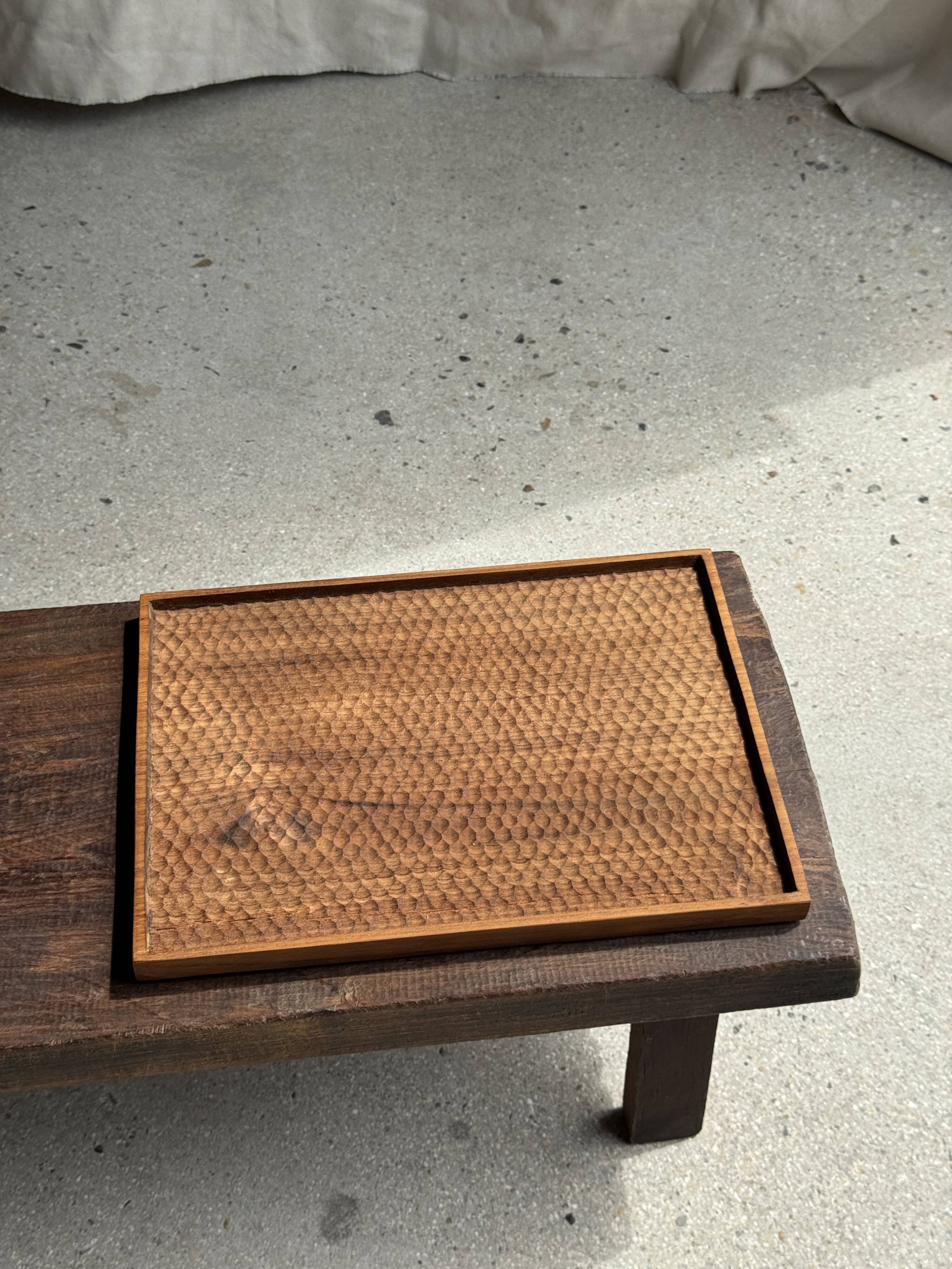 Rectangular solid teak platter with carved edges 33x24