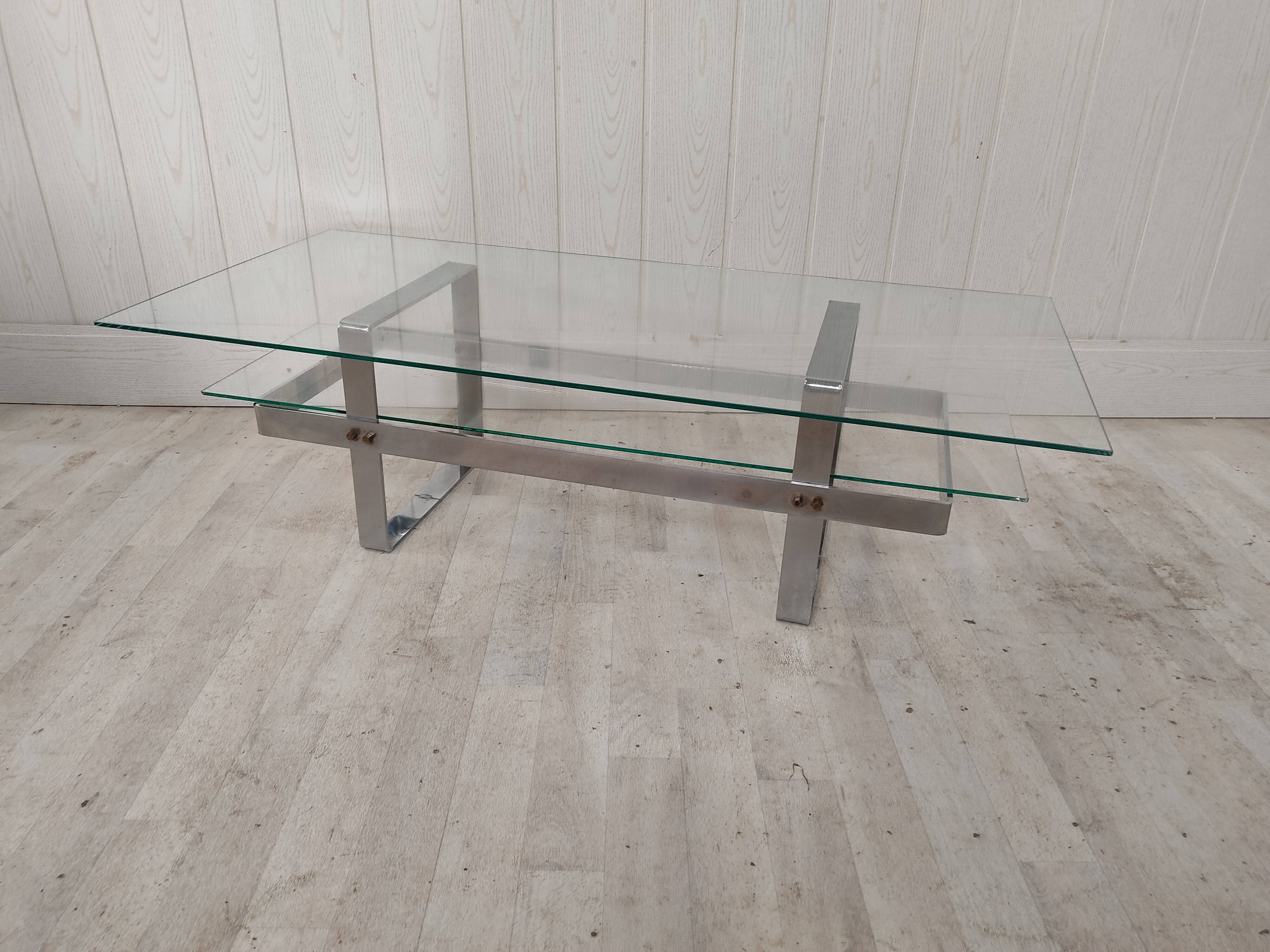 Table basse vintage acier chromé et verre