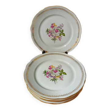 6 vintage flat plates FD Chauvigny France flower bouquet pattern
