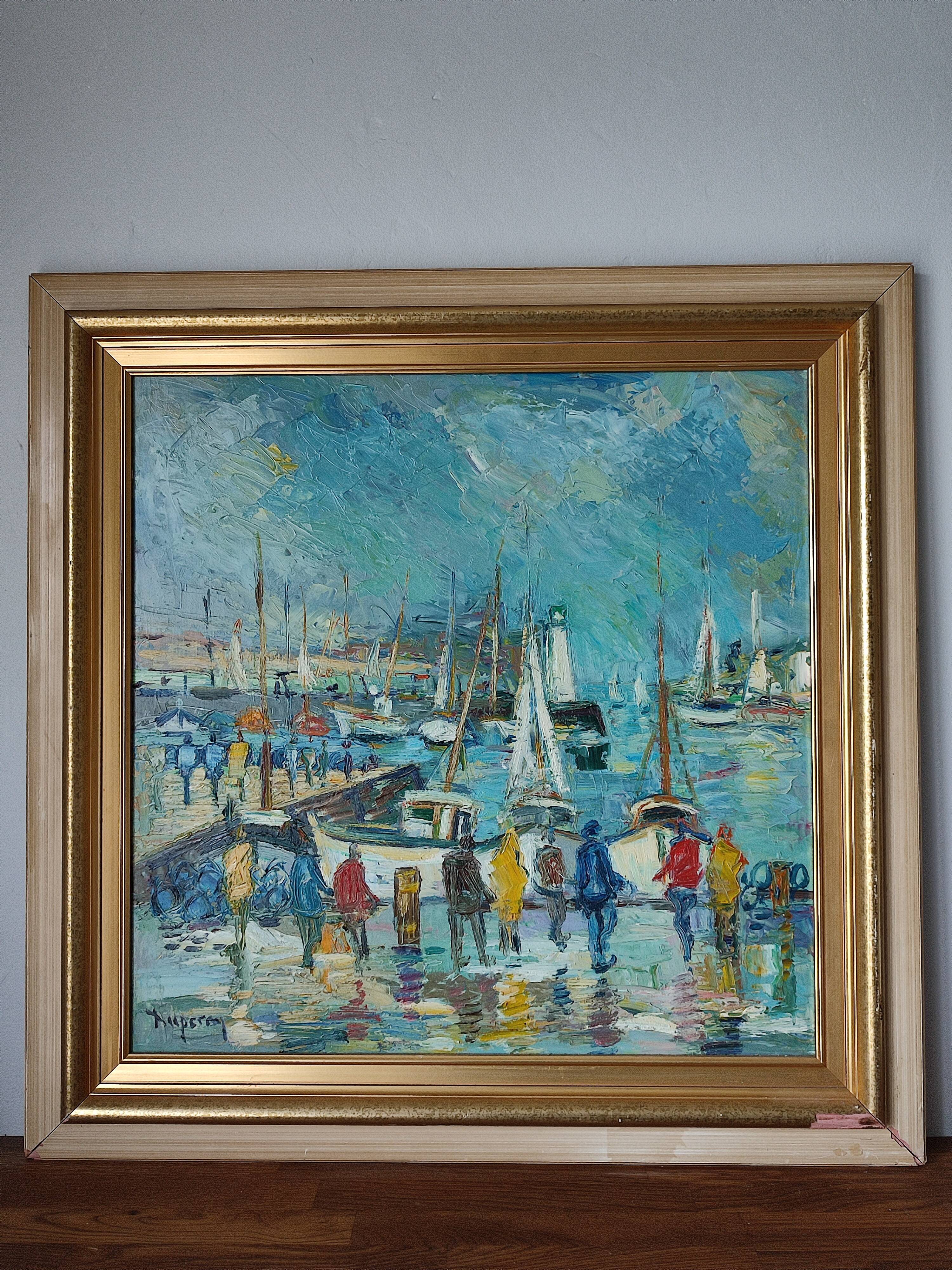 Oil painting on panel Alain Duperay port Breton, arrival of the fishermen