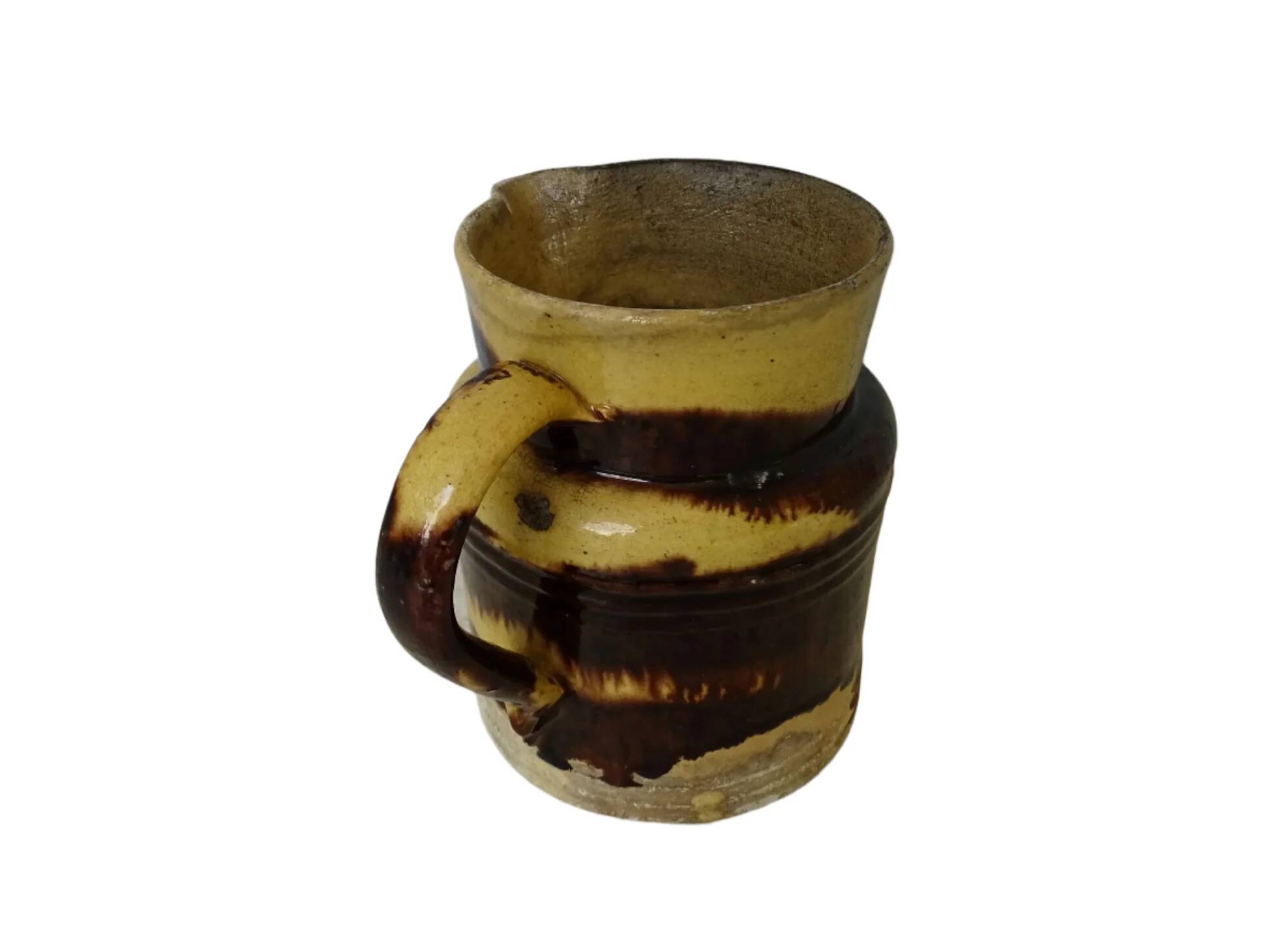 Cruche ancienne en faïence française de Dieulefit, à glace jaune