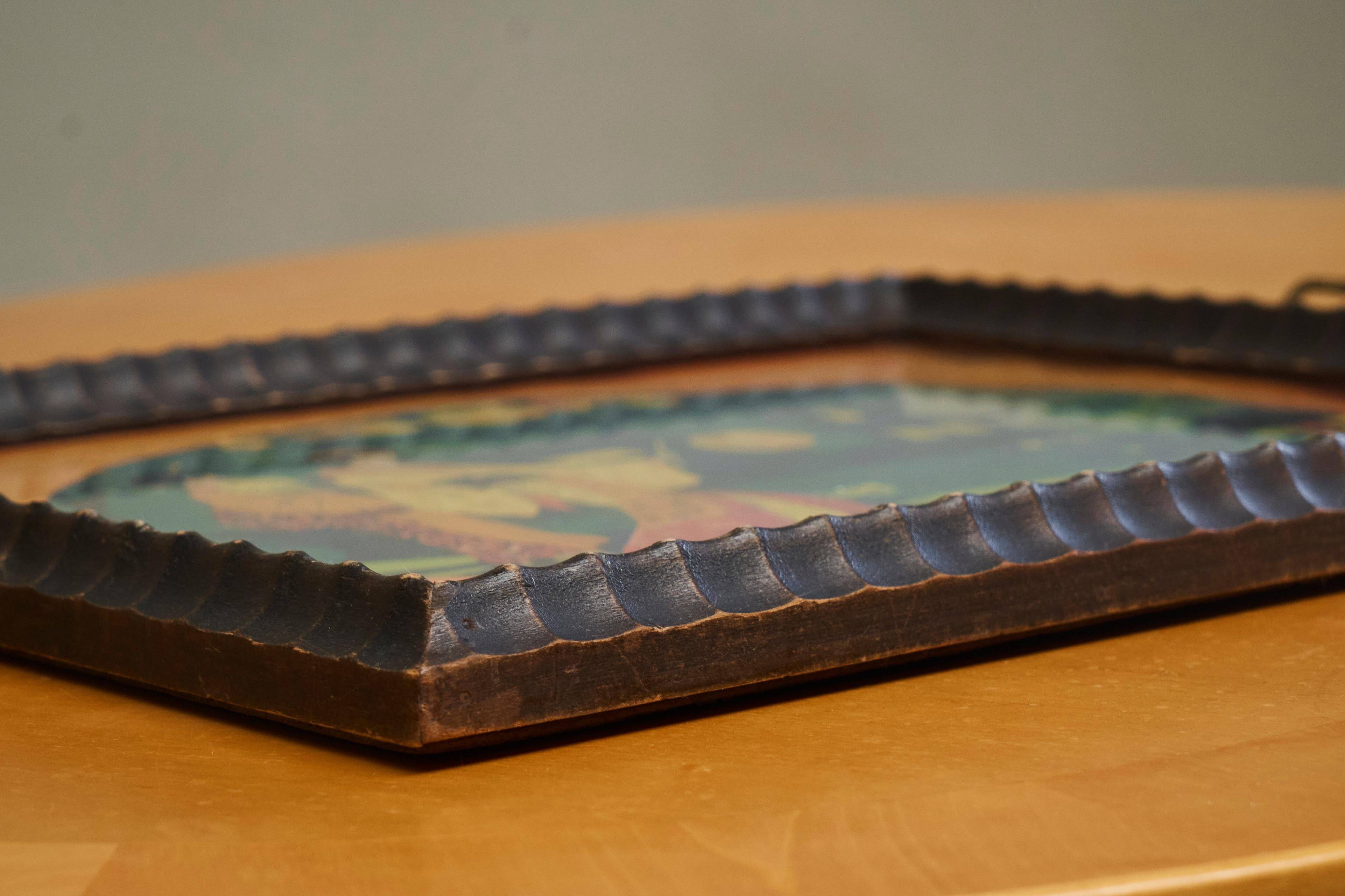 Art Deco Japanese-themed wooden and glass plateau, 1940s.
