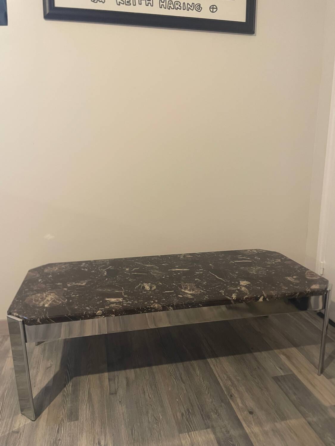 Table basse vintage roche bobois marbre pieds chromé circa 1970s