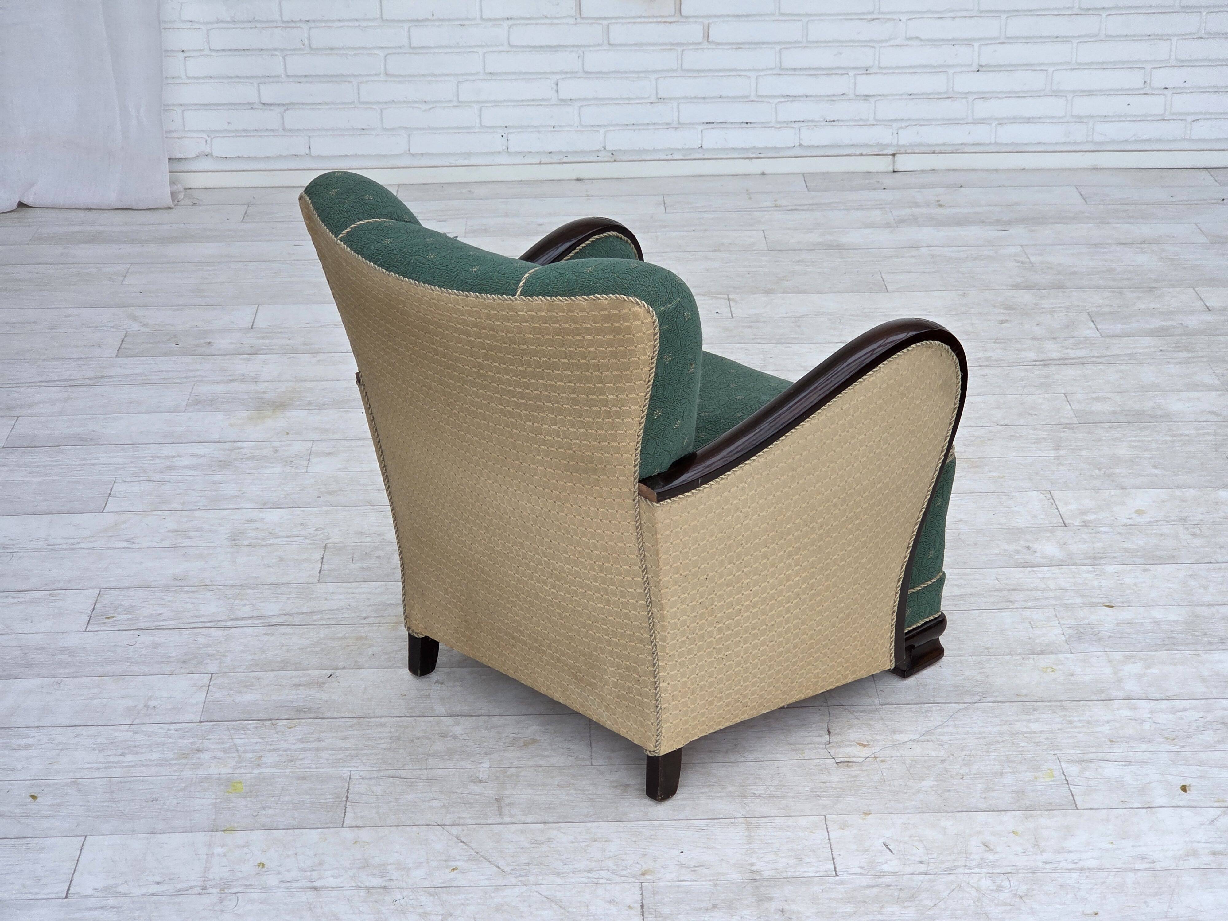 1960s, Danish armchair, green and beige furniture wool.