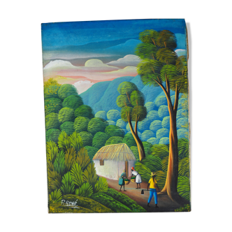 Haitian peasants, forest and hills - Haitian school, P. René - 1970s