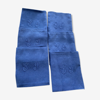 6 serviettes anciennes bleues lin et coton monogramme art deco