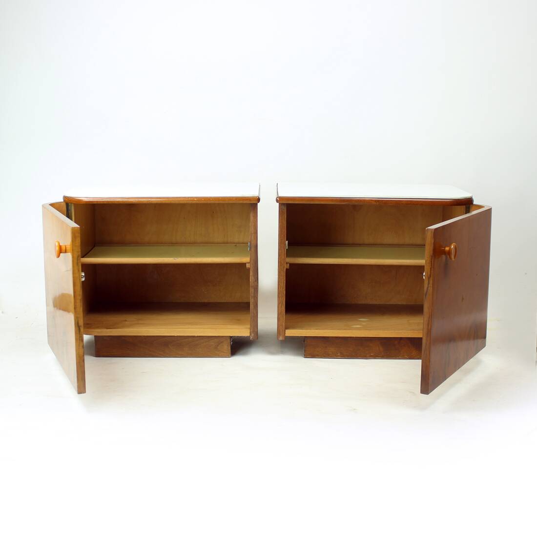 Classical Bedside Tables In Walnut And White Glass, Czechoslovakia 1960s