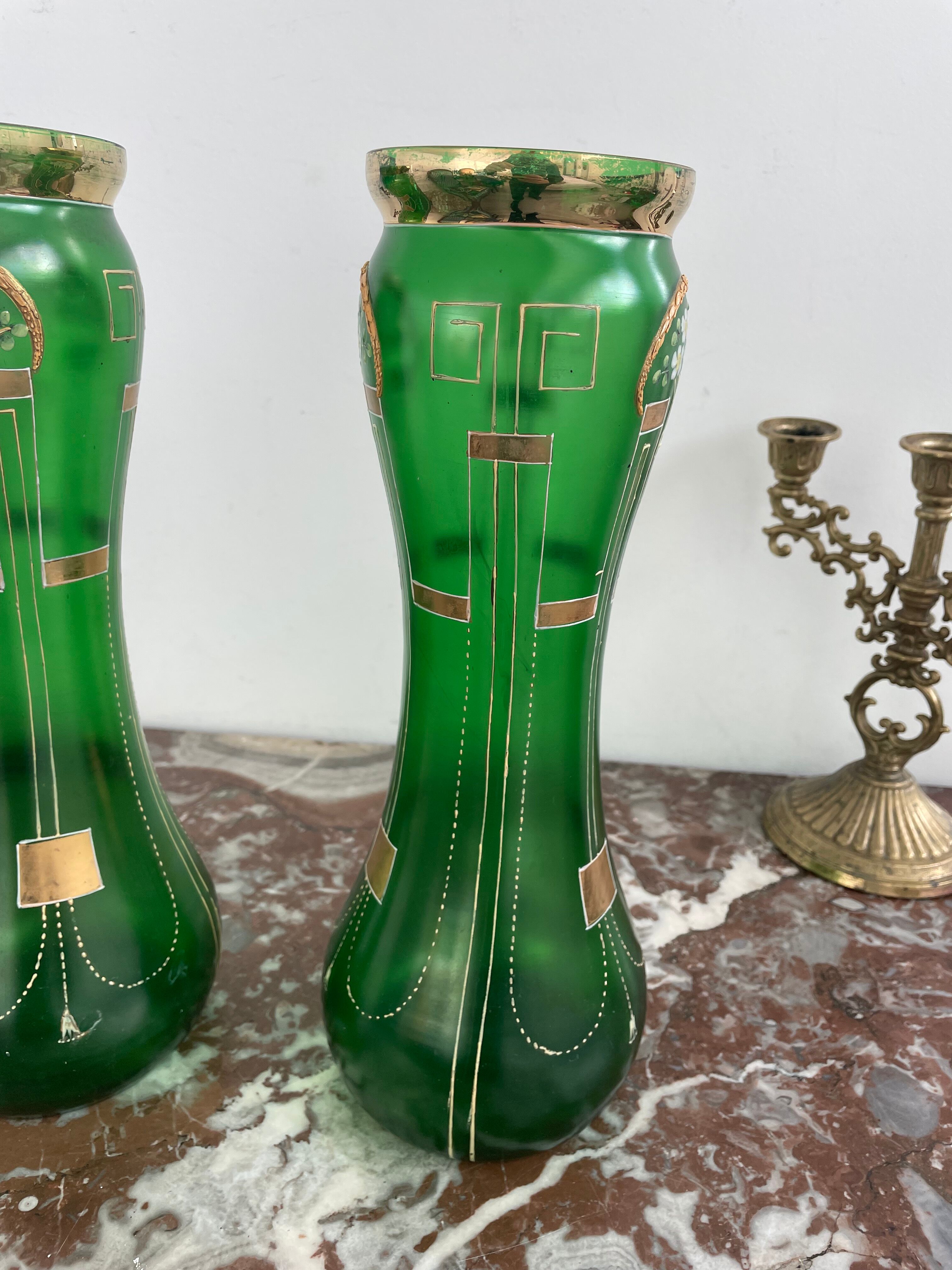 Antique, pair, green vases, flower decoration, golden, ART DECO, daisies, knot, hand painted