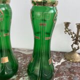 Paire de vases verts, décor fleurs, doré, art deco, marguerites, nœud, peint à la main, antique