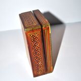Vintage wooden box with straw marquetry and mother-of-pearl decoration.