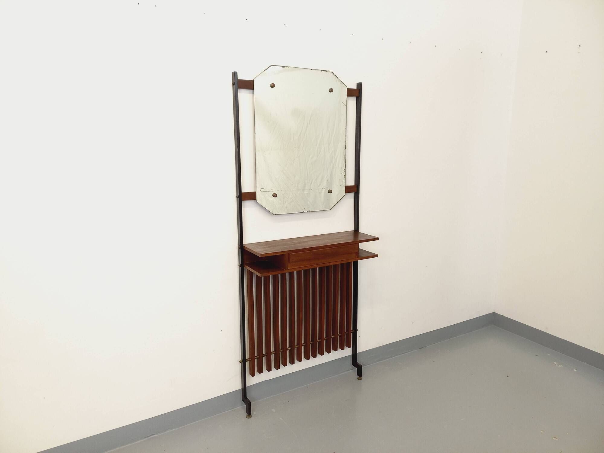 Vintage Italian hall cabinet with mirror and teak shelves