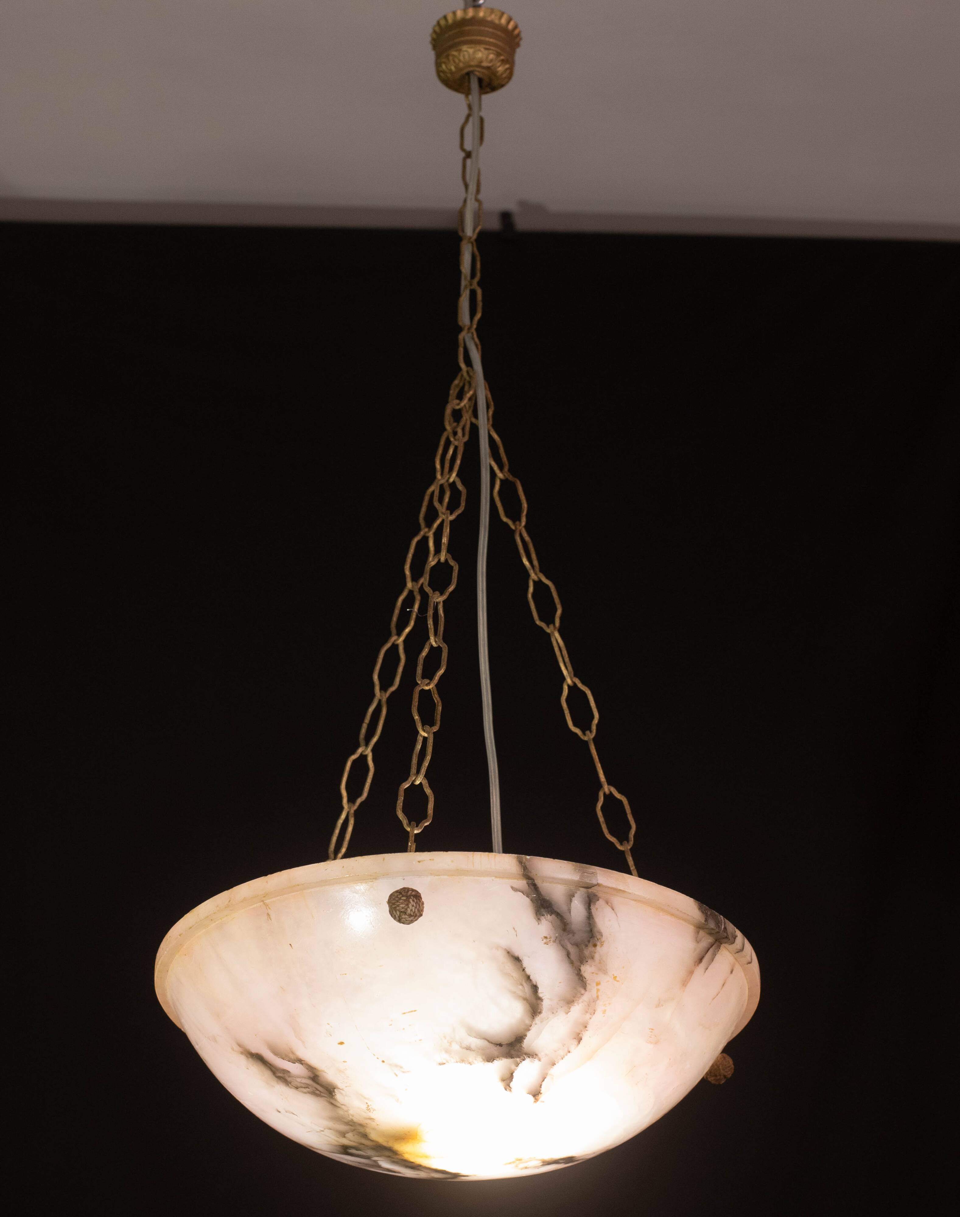 Art Decò Albaster white and pink chandelier, 1950s