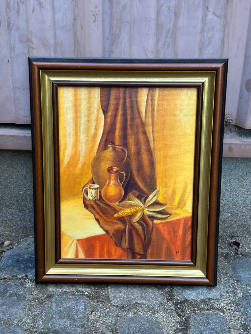 Still life tableau, monogrammed NL 37x45 cm, wood & gold frame, 1970.