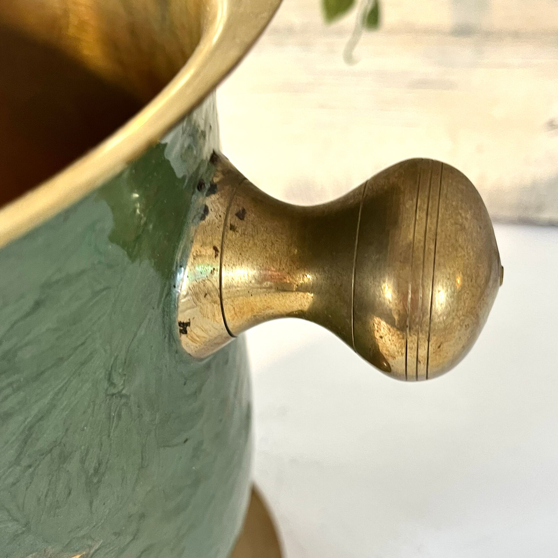 Vintage brass and green enamel cloisonné champagne cooler with sunflow
