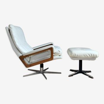 Vintage white leather armchair by André Vandenbeuck for Strässle and ottoman