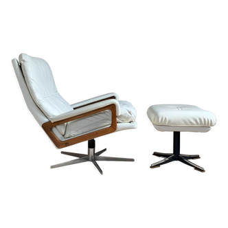 Vintage white leather armchair by André Vandenbeuck for Strässle and ottoman