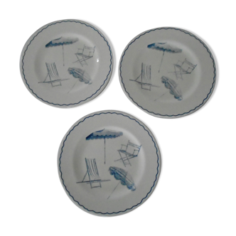 Set de 3 assiettes création exclusive Paris je t'aime décor bleu transat parasol