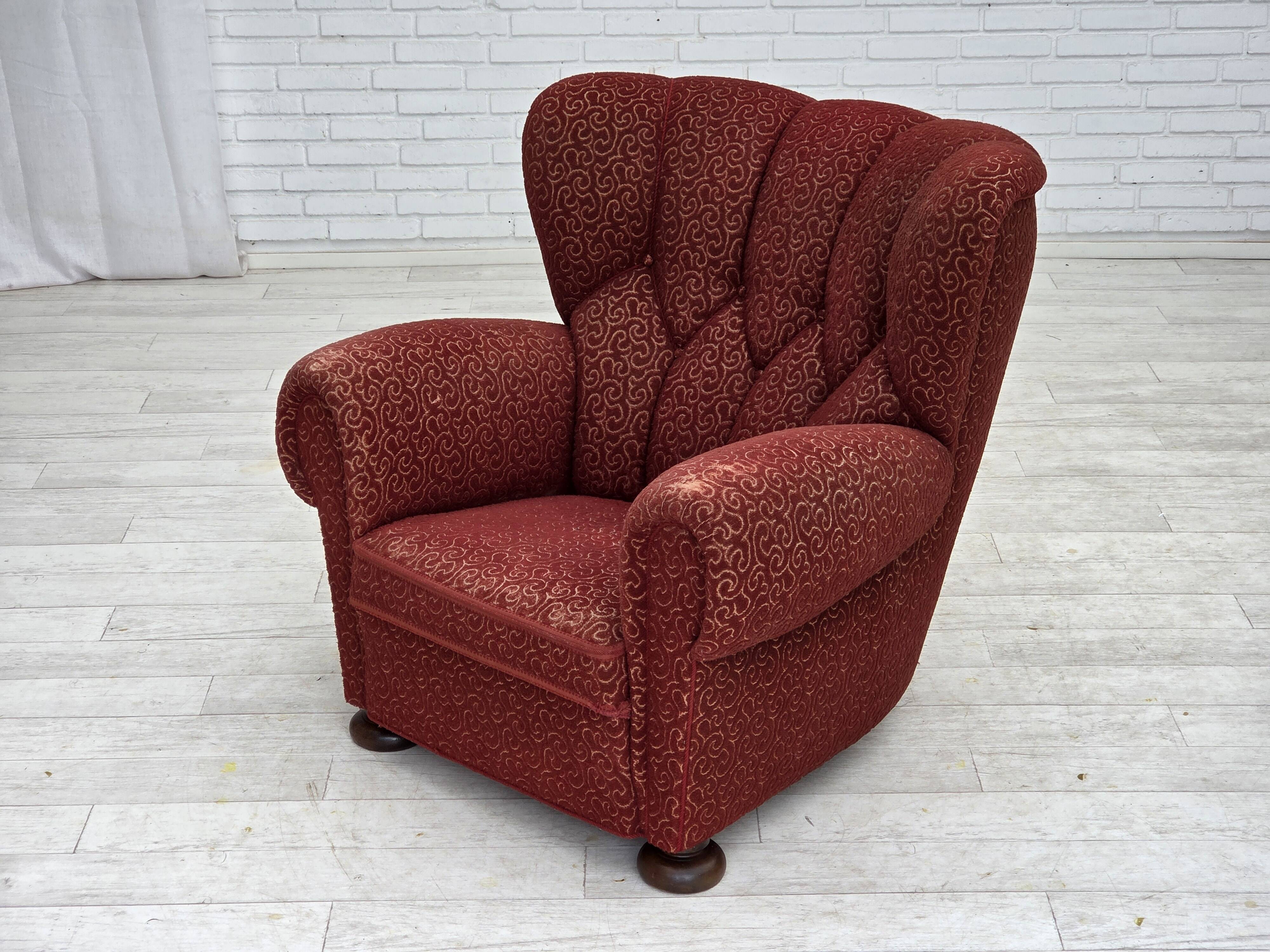 1960s, Danish relax armchair, original red furniture wool, oak wood legs.