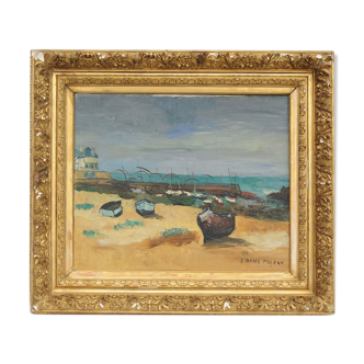 Yves andré Moleux oil on canvas "barques on the beach"
